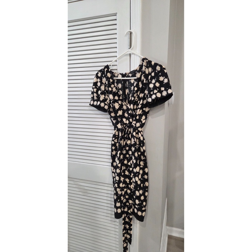 Ann Taylor Womens Floral Mini Dress Black Cream V-Neck Short Sleeve Size 4